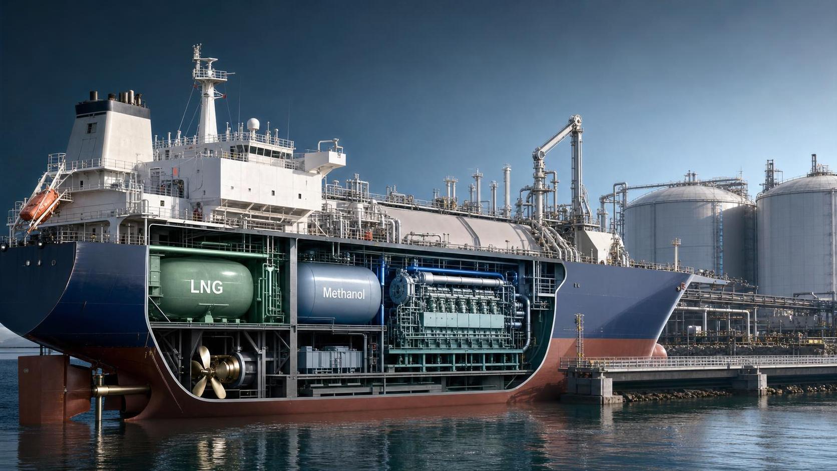 Dual-Fuel Propulsion for Marine Vessels: Fuel Flexibility, Emissions, and Retrofit Limits