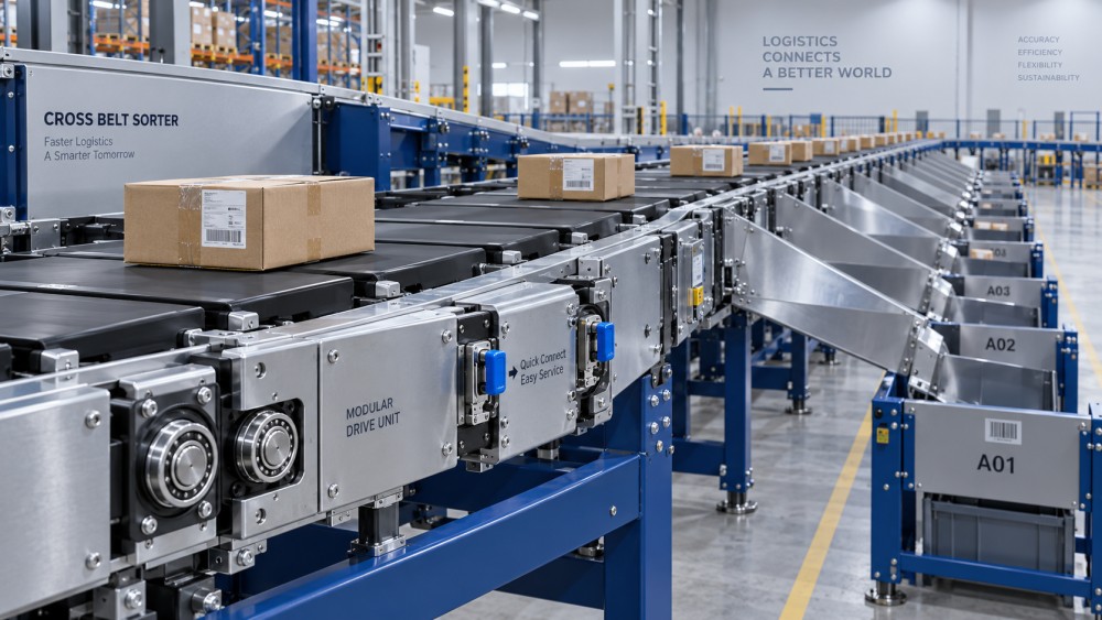 Which design features make warehouse cross-belt sorters low-maintenance?