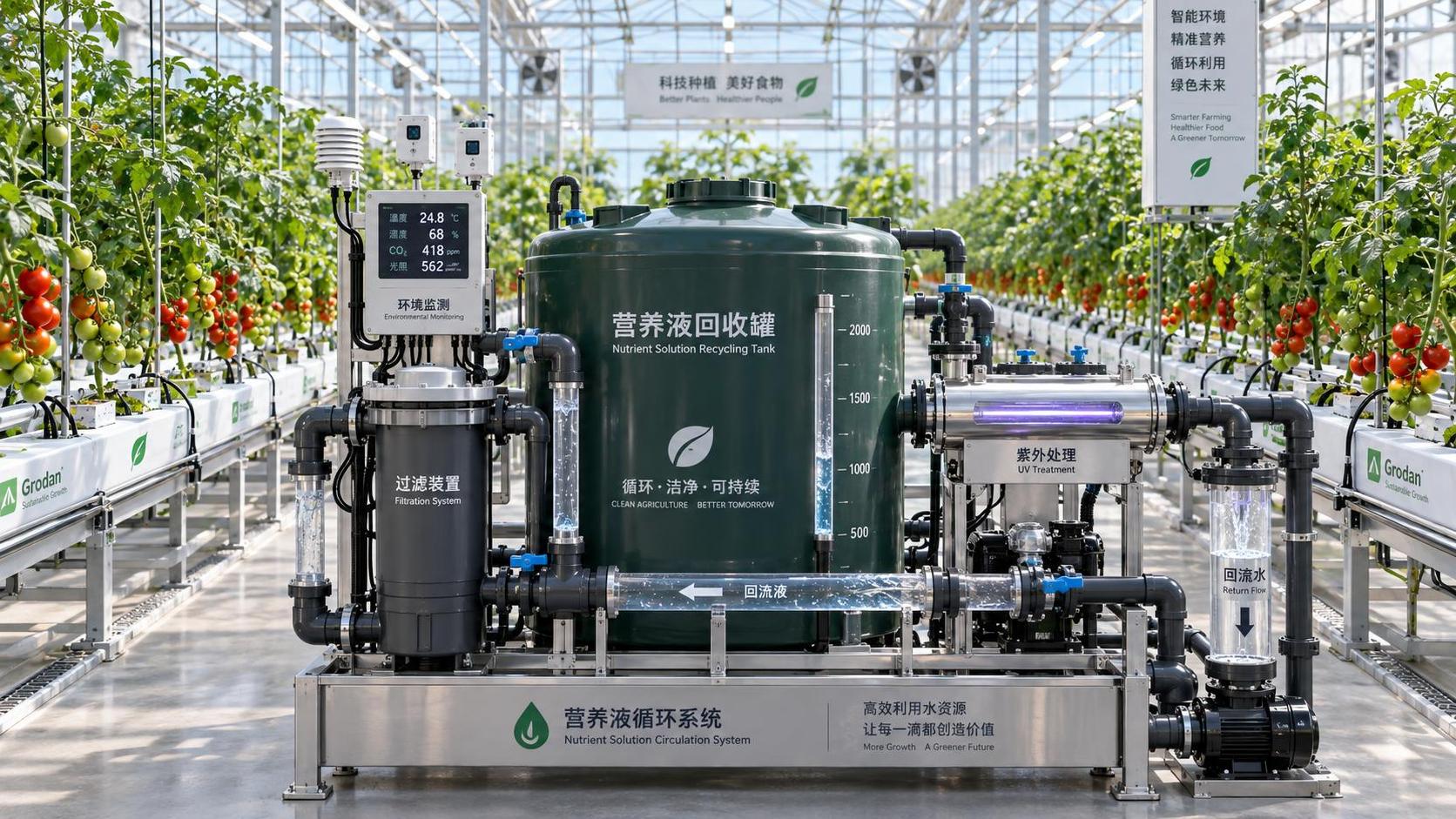 When does hydroponic farming technology reduce water use in greenhouses?
