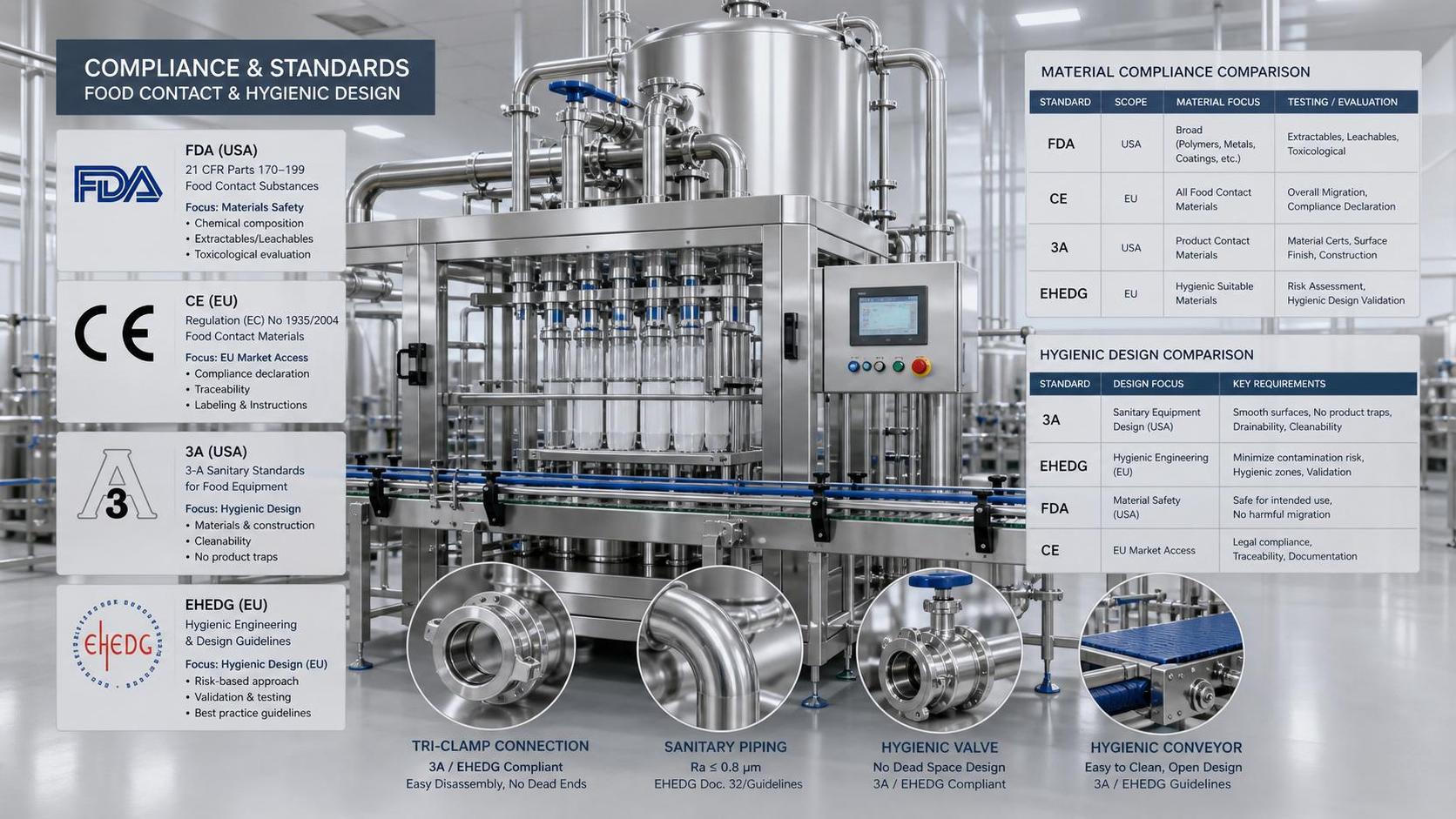 Food Machinery Compliance Standards Explained: FDA, CE, 3A, and EHEDG Differences