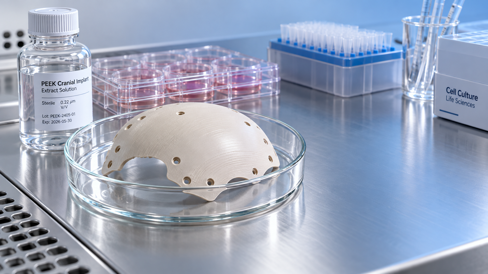 How is biocompatibility tested for custom medical-grade PEEK implants?
