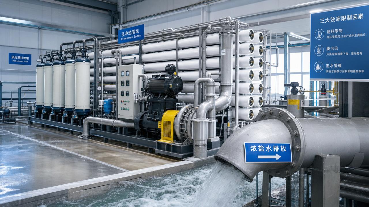 What limits industrial desalination plant efficiency most?