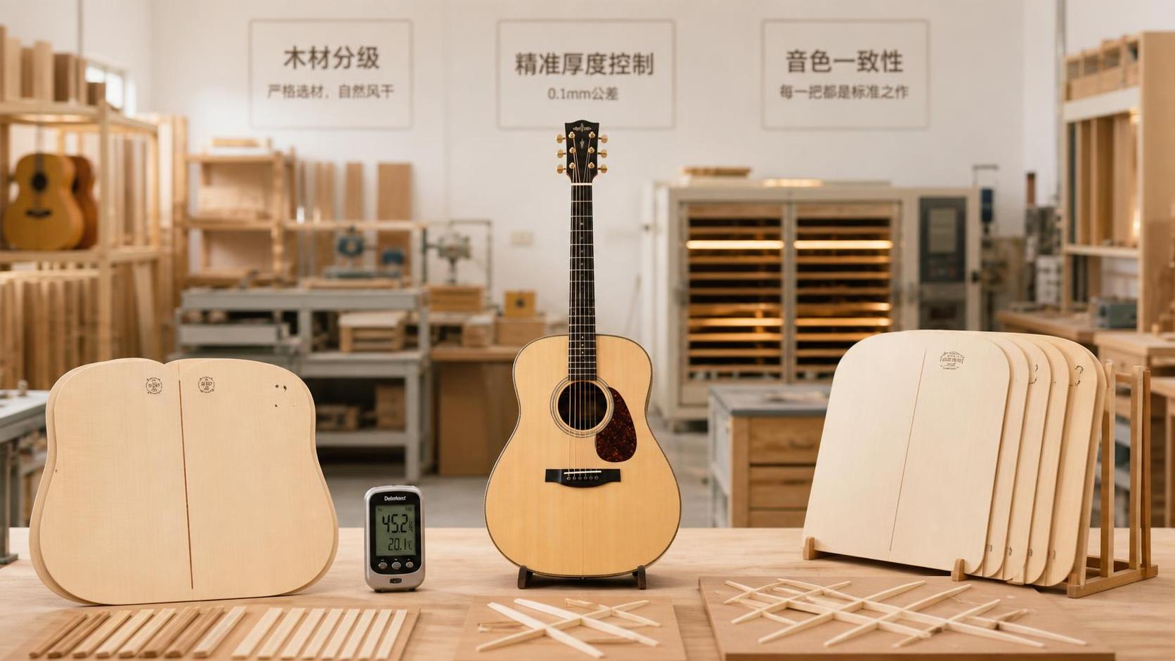 How does solid wood guitar manufacturing affect tonal consistency?