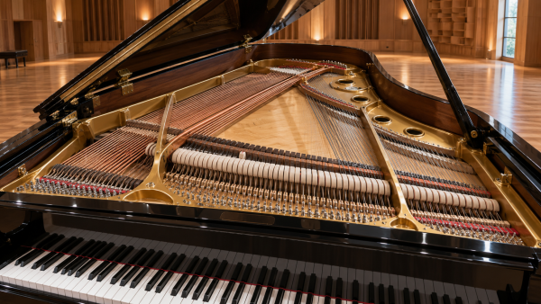 How do musical acoustics materials shape a piano’s tonal character?