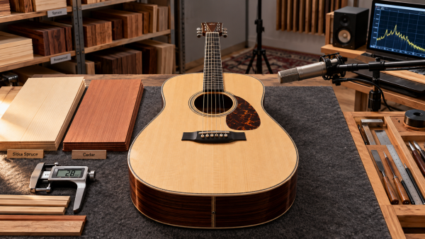 How does tonewood selection affect an acoustic guitar's response?
