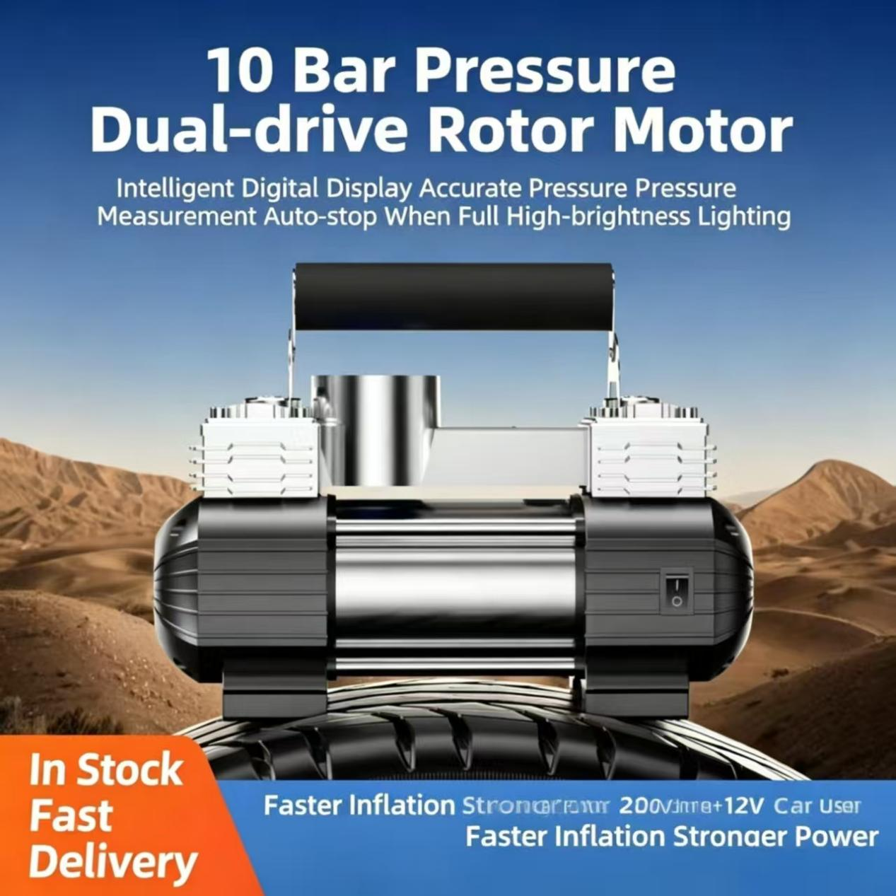 New Design Silver Heavy Duty  Portable Car Tire Inflator Long Air Tube LED Light For Off-Road Truck Camping Road Trip