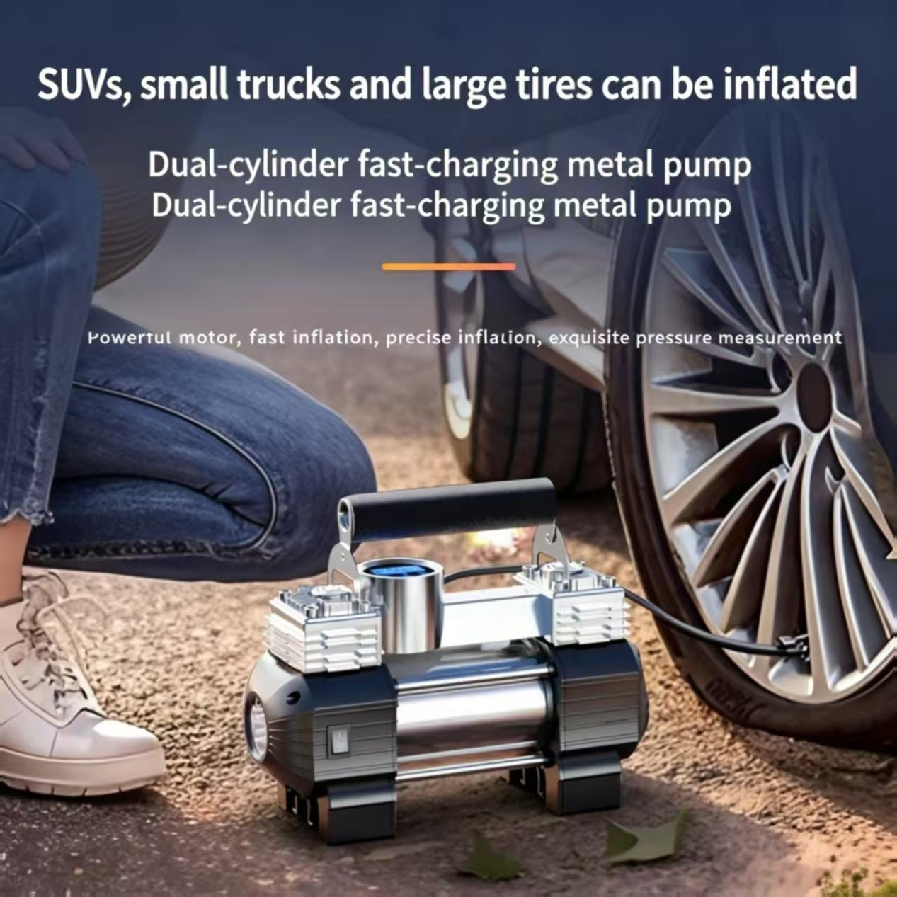 New Design Silver Heavy Duty  Portable Car Tire Inflator Long Air Tube LED Light For Off-Road Truck Camping Road Trip