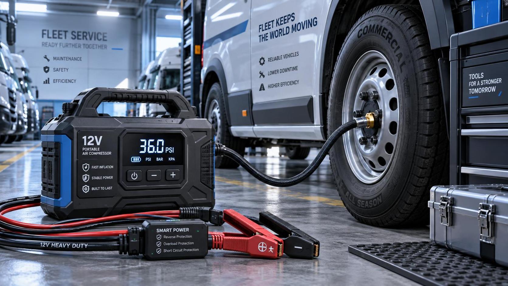 Vergleich der Leistungsaufnahme tragbarer 12-V-Luftpumpen für mobile Serviceflotten
