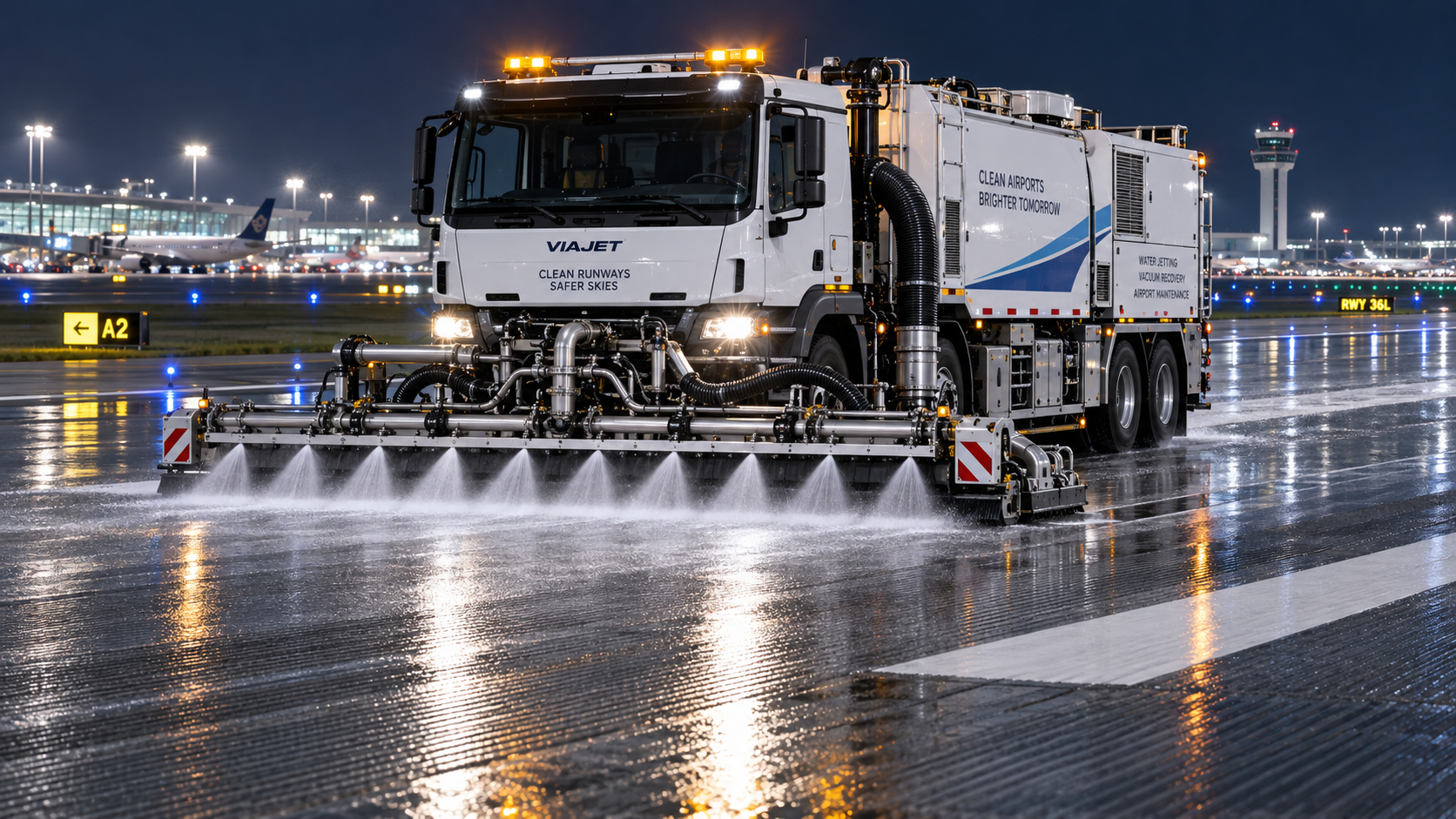 Water jetting systems for airport runway cleaning under tight closure windows