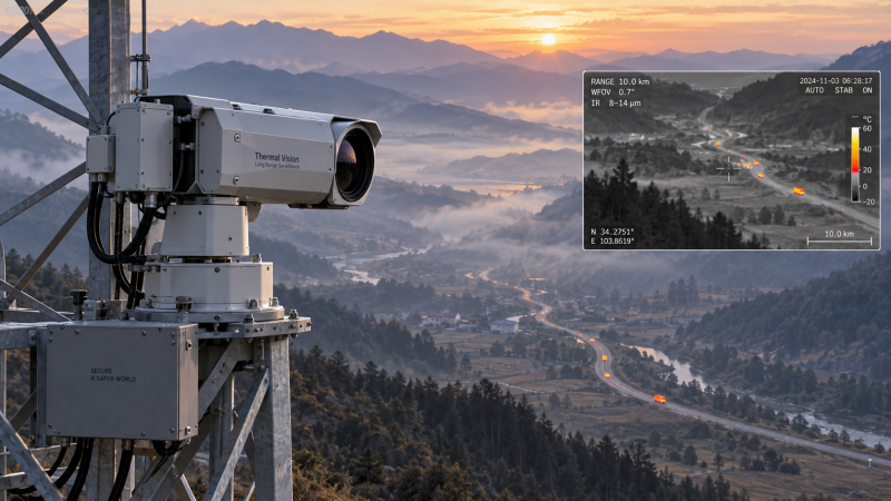 What affects target detection at 10 km with long-range thermal imaging cameras?