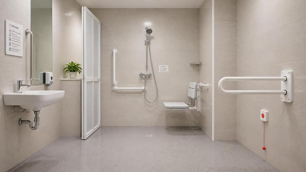 What does bathroom safety compliance require in care facilities?