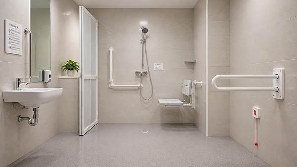 What does bathroom safety compliance require in care facilities?