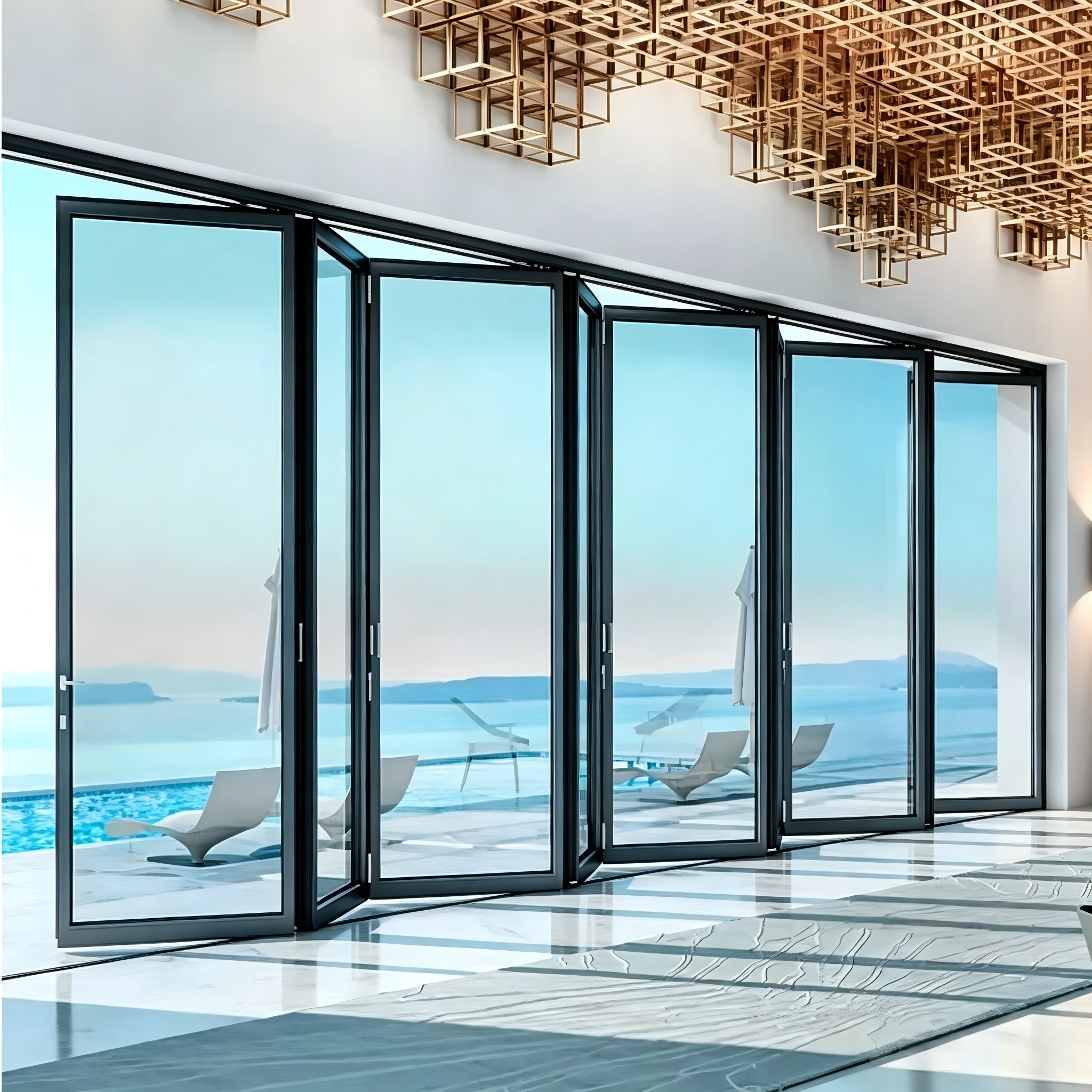 Full View Bi-Fold Glass Door System with Laminated Low-E Glass, Warm Edge Spacer and Custom Sizing for Exterior Walls