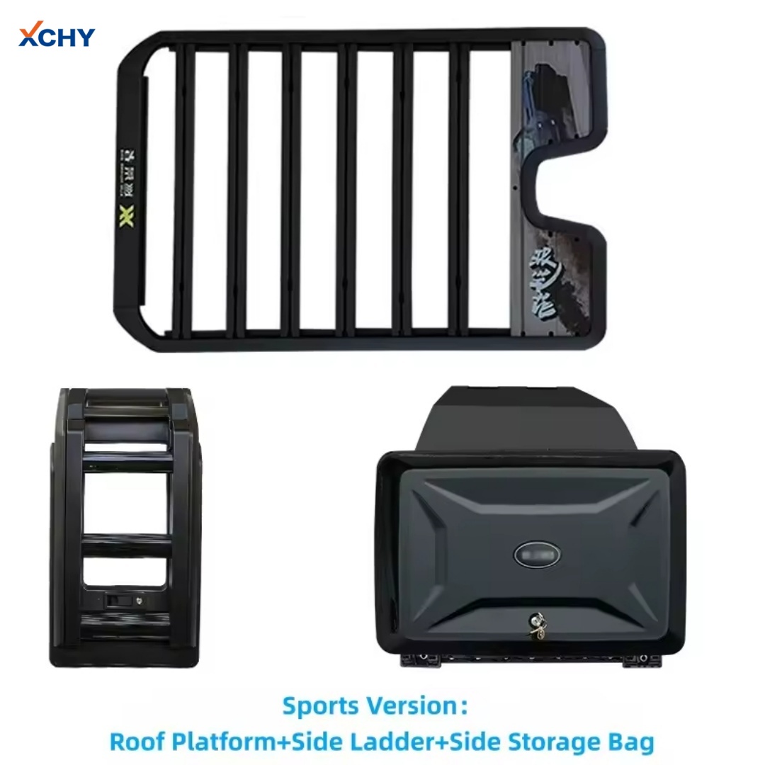 Kit todoterreno de aleación de aluminio de alta calidad para SUVs Leopaed, incluyendo plataforma de techo, escaleras laterales, y bolsillos de almacenamiento laterales.