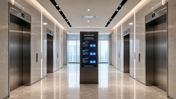 Why elevator destination dispatch reduces peak-time delays