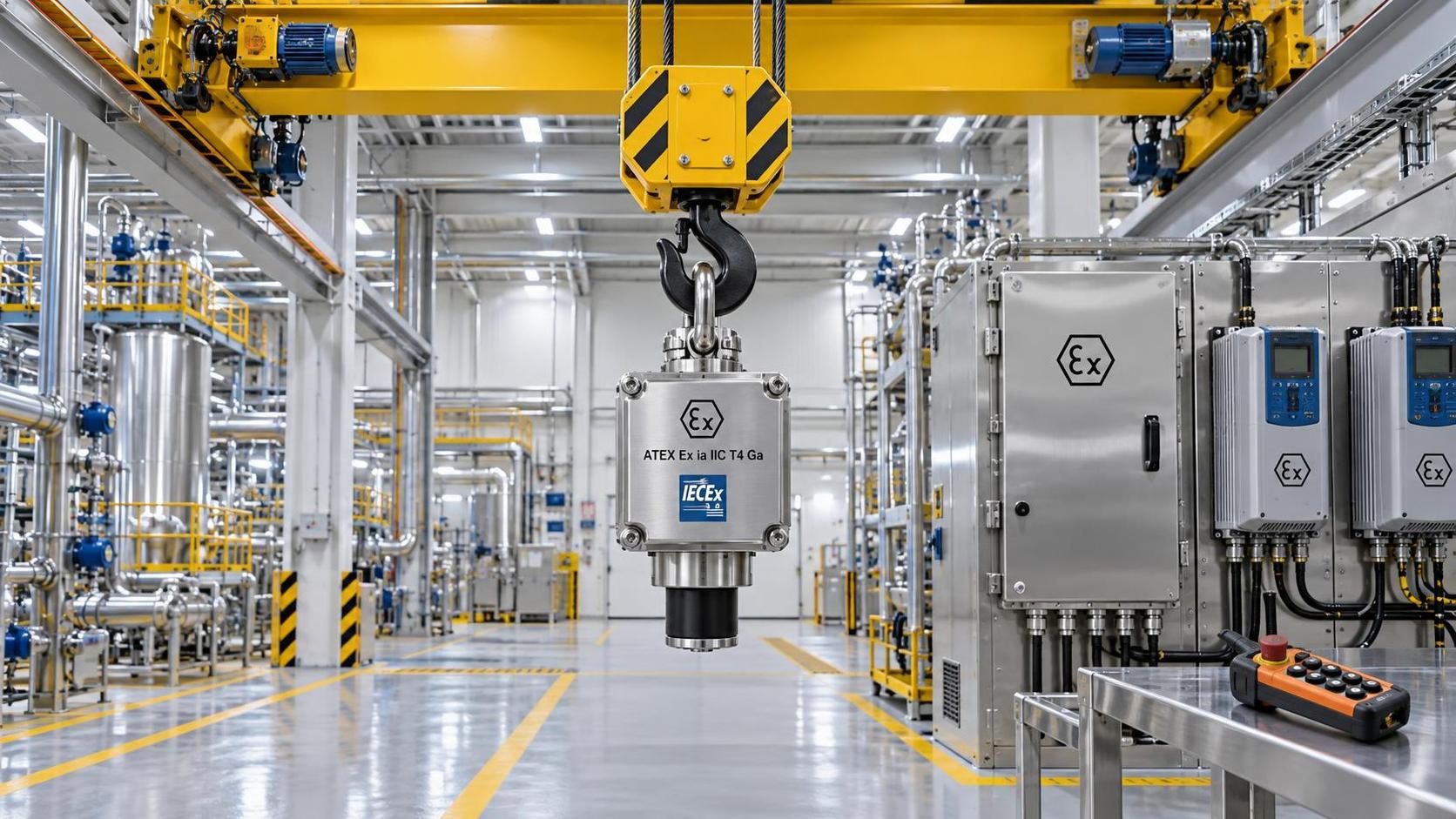 Which safety certifications are mandatory for anti-sway crane controls in explosive atmospheres?