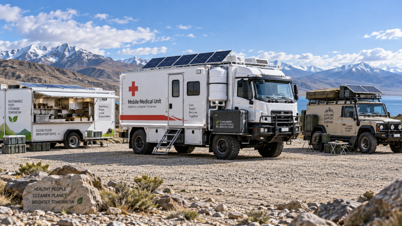 Which mobile specialty vehicles can operate without site utilities?