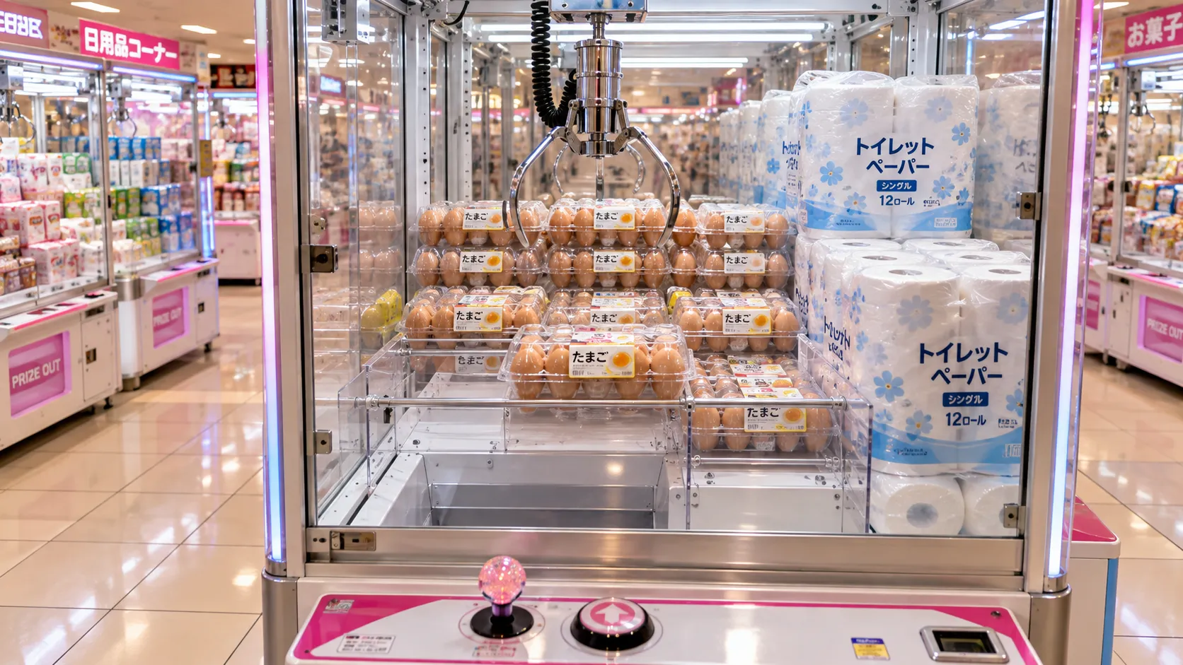Japan’s Claw Machines Turn to Everyday Essentials, Offering Eggs and Toilet Paper