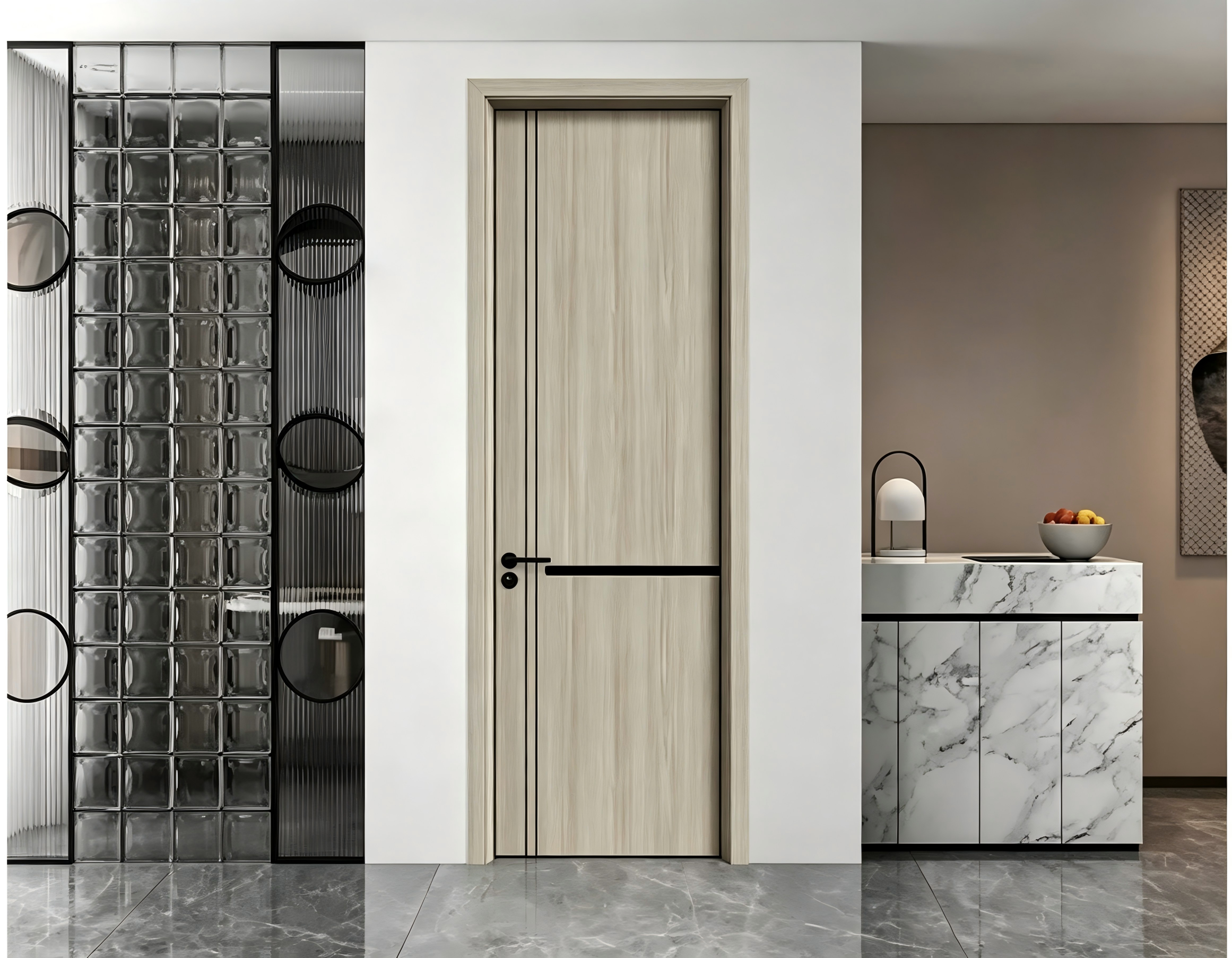 باب أمامي حديث من MDF PVC داخلي للفنادق من الخشب الصلب مع تصميم تطعيم بشرائط معدنية لغرفة النوم وغرفة الاجتماعات