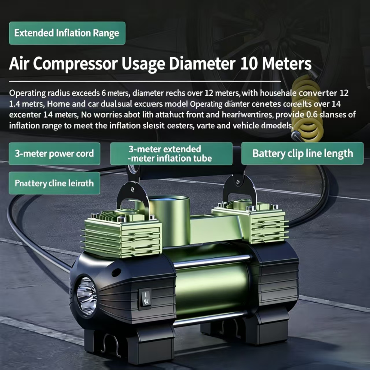 Intelligenter neuer grüner Metall-Handkompressor mit zwei Zylindern zum Aufpumpen und Entleeren, LED-Licht, für Geländefahrten und Outdoor-Reisen, MP-519GR