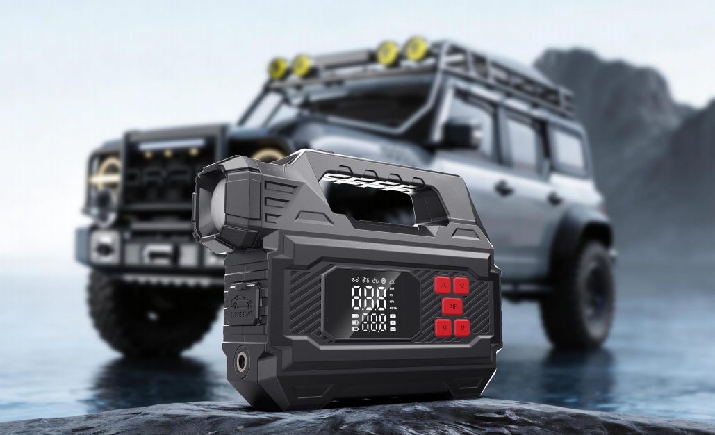 Avviatore di emergenza multifunzionale per uso domestico e all’aperto con compressore d’aria, booster portatile per batteria dell’auto e gonfiatore per pneumatici con display LCD e torcia LED APS-356