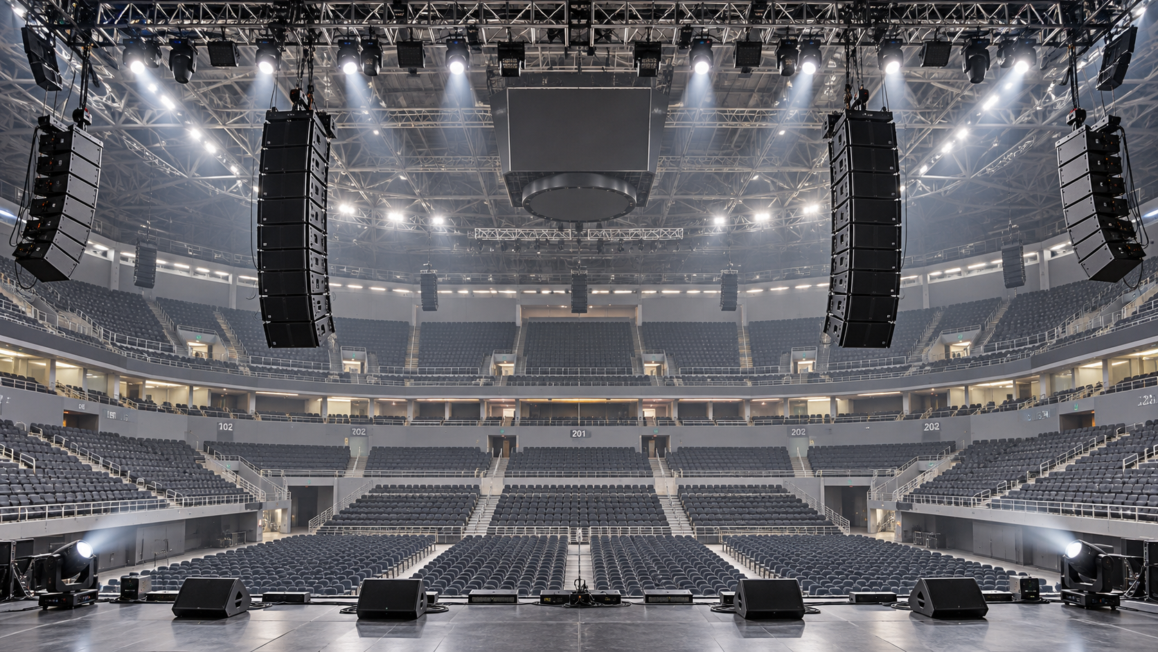 How many line arrays are needed for even arena coverage?