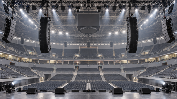 How many line arrays are needed for even arena coverage?