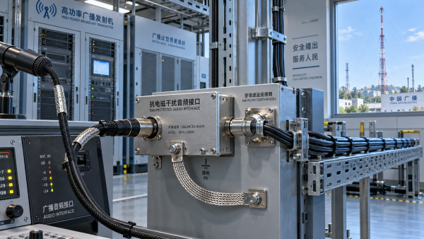 When is EMC-hardened audio needed near high-power radio transmitters?