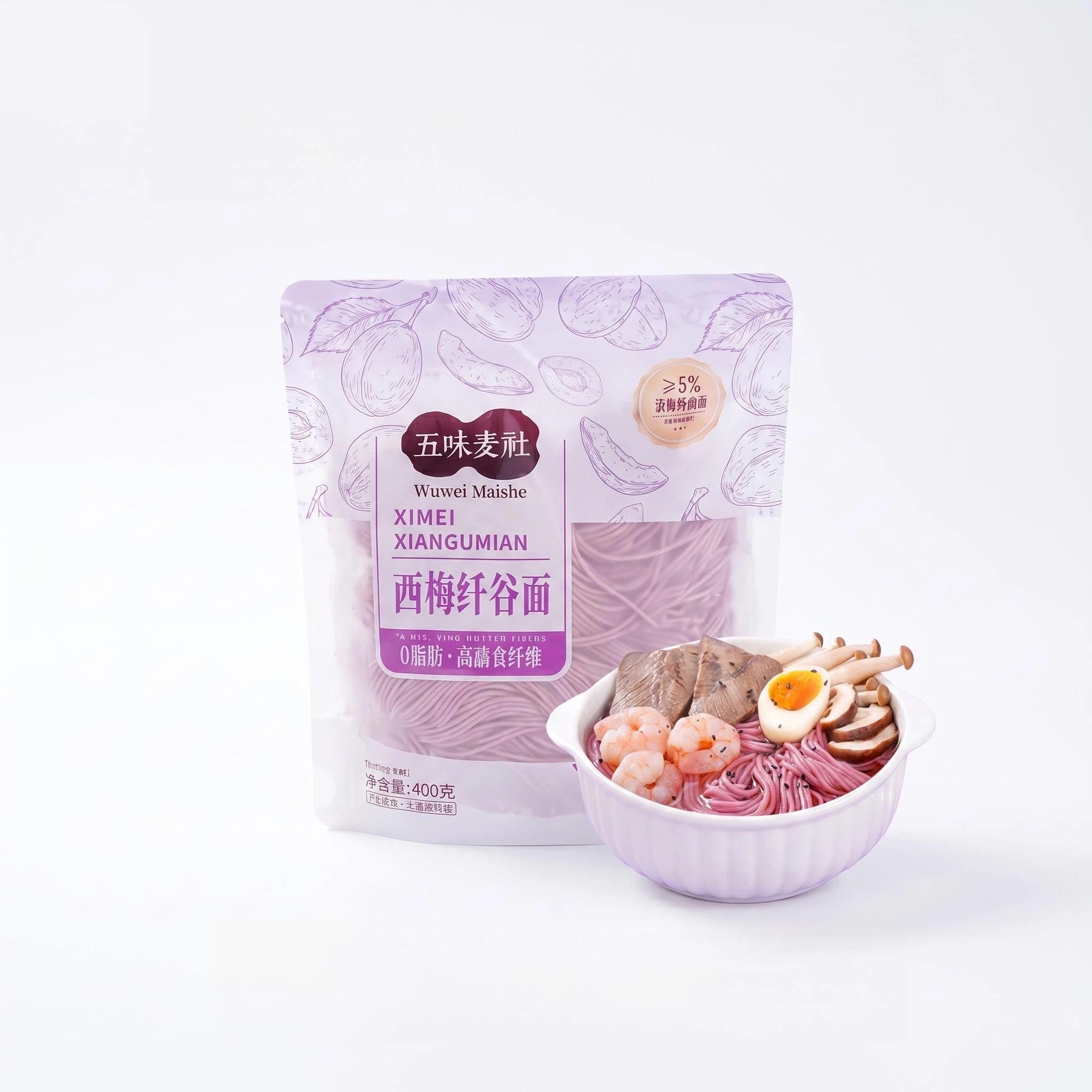Prune Purple Sweet Potato Low-Fat Dried Noodles, Zero Added Salt, High Dietary Fiber, Chewy Smooth Non-Muddy Broth, 400g