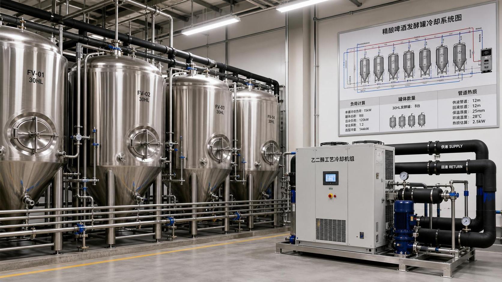 Glycol Process Cooling Systems Sizing Guide for Breweries: Load, Tank Count, and Piping Loss