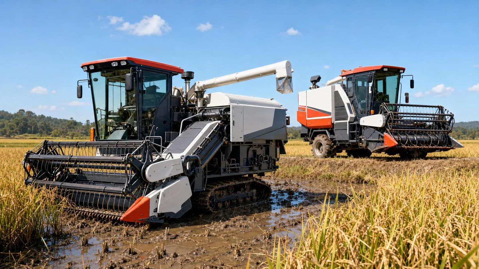 Rice Combine Harvesting Systems: Track, Tire and Feed Design Differences