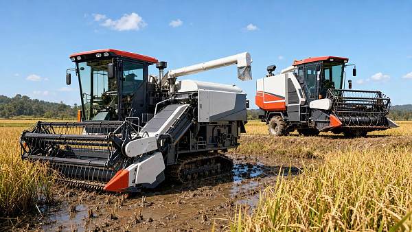 Rice Combine Harvesting Systems: Track, Tire and Feed Design Differences