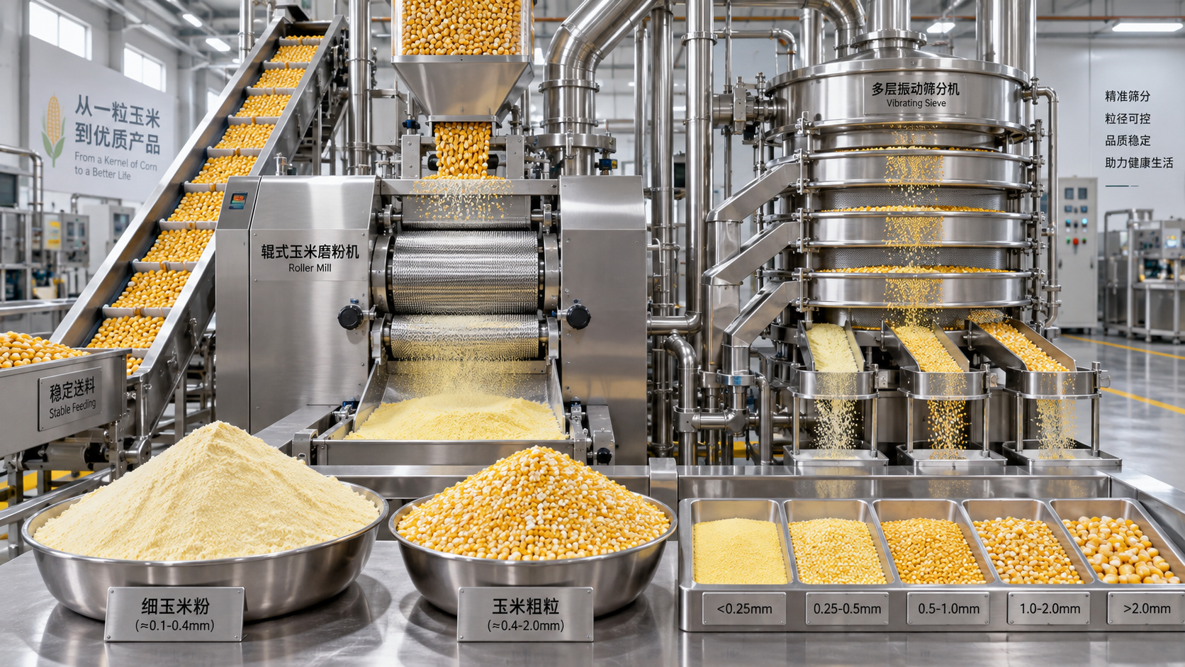 What causes uneven particle size in corn milling?