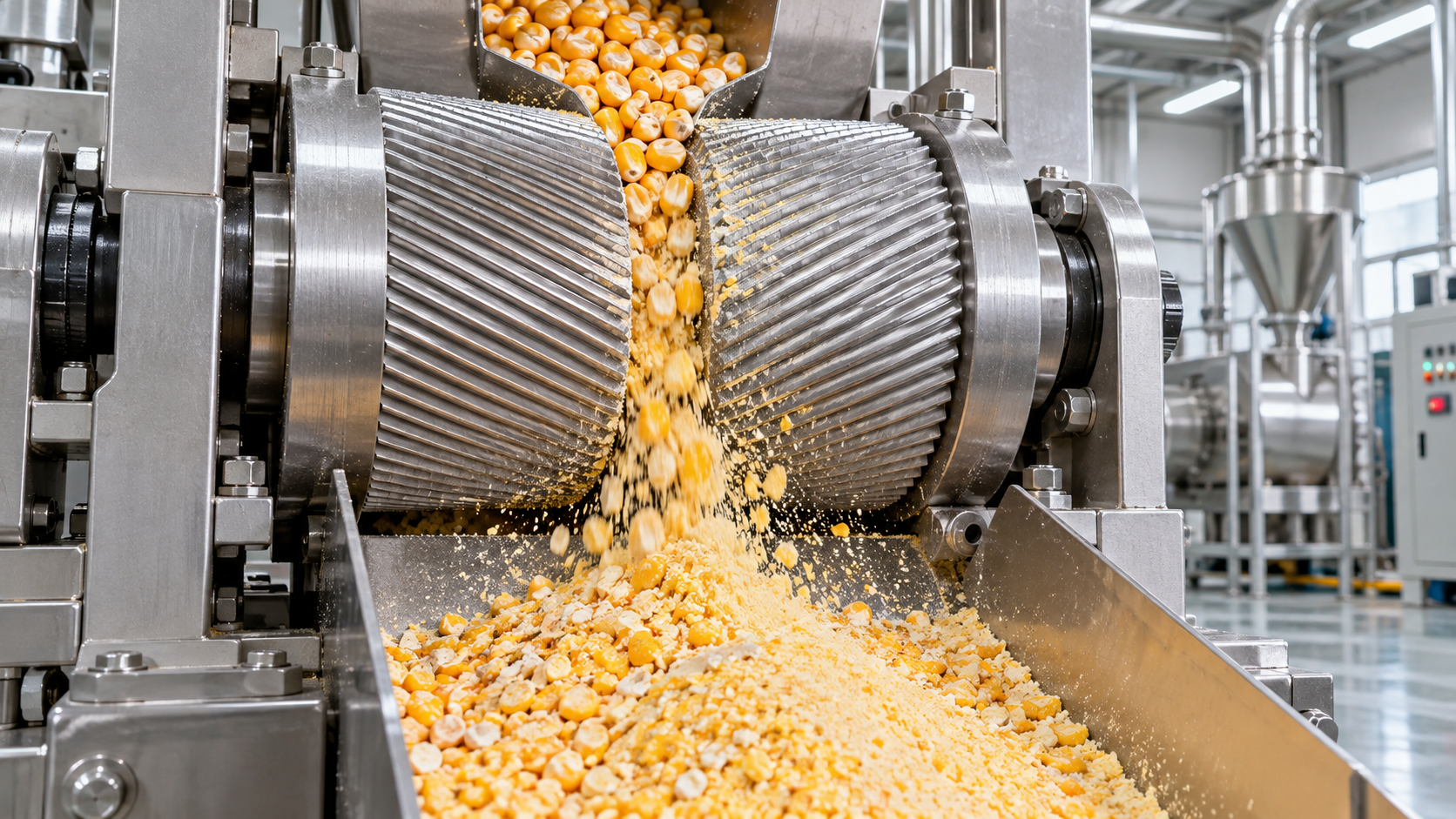 How does roll gap affect cornmeal particle size?