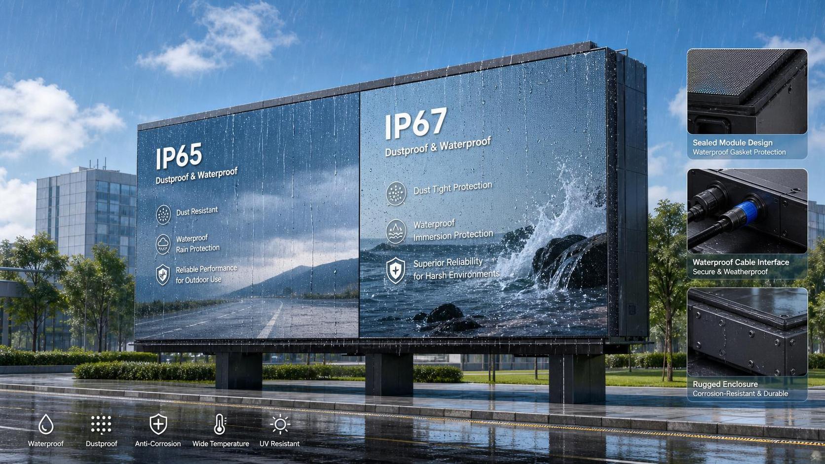 IP-Rated LED Displays for Billboards: IP65 vs IP67 and What the Ratings Really Mean