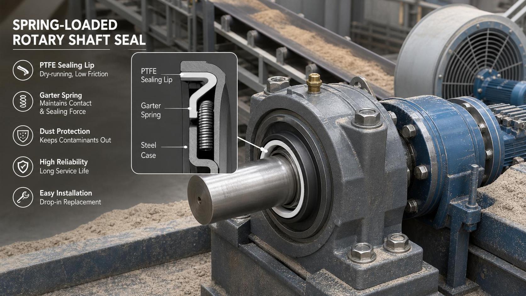 Spring Loaded Rotary Shaft Seals for Dusty and Dry Running Conditions