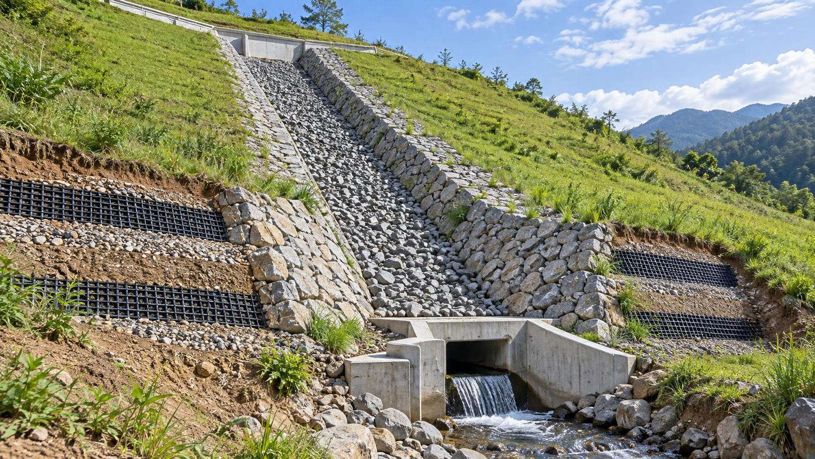 When do drainage slope protection systems need a geogrid layer?