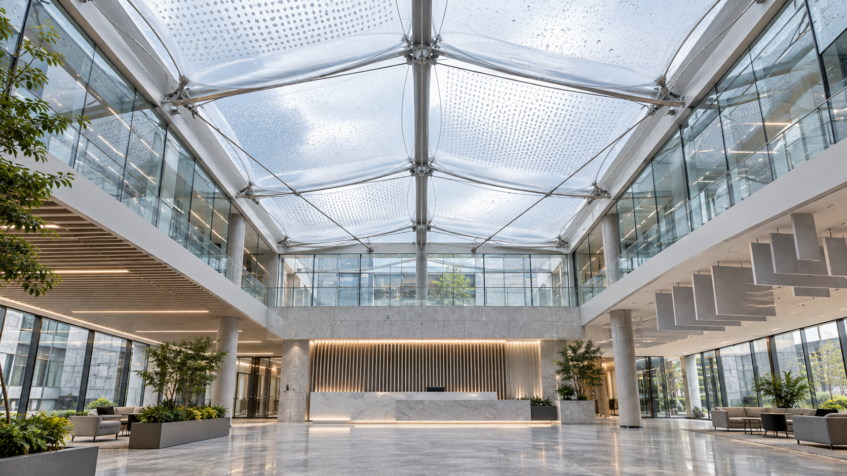 ETFE Roofing for Atriums: Managing Solar Gain, Glare, and Rain Noise