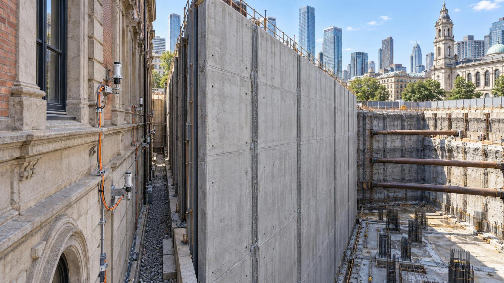 Is diaphragm wall construction safe for deep basements adjacent to existing structures?