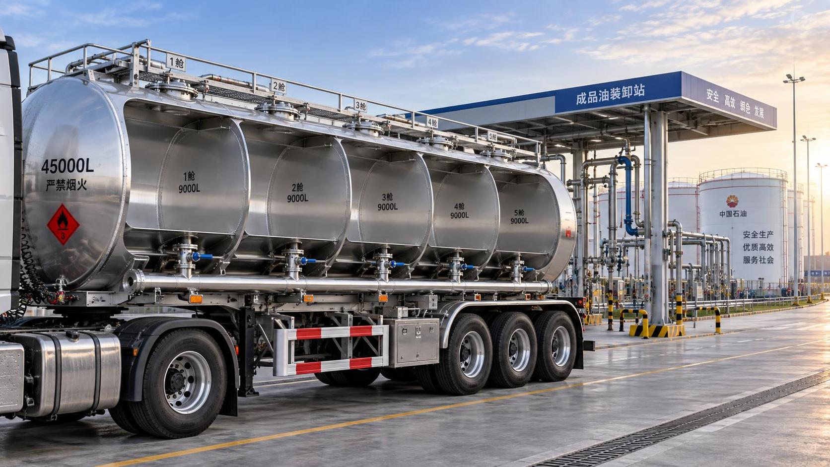 Combien de compartiments une semi-remorque-citerne pétrolière à 3 essieux de 45000L doit-elle comporter ?