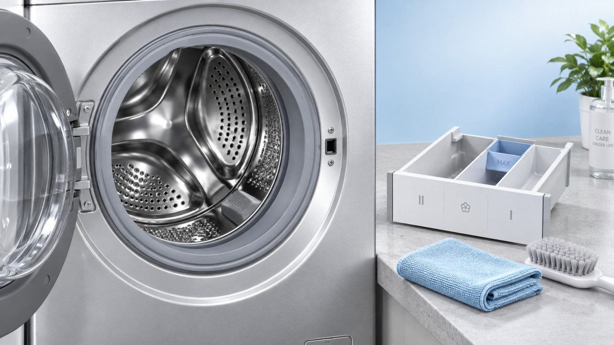 Musty Washing Machine? Clean the Seal, Drawer, and Drum Safely Mauvaise odeur de moisi dans votre lave-linge ? Nettoyez le joint, le bac à lessive et le tambour en toute sécurité