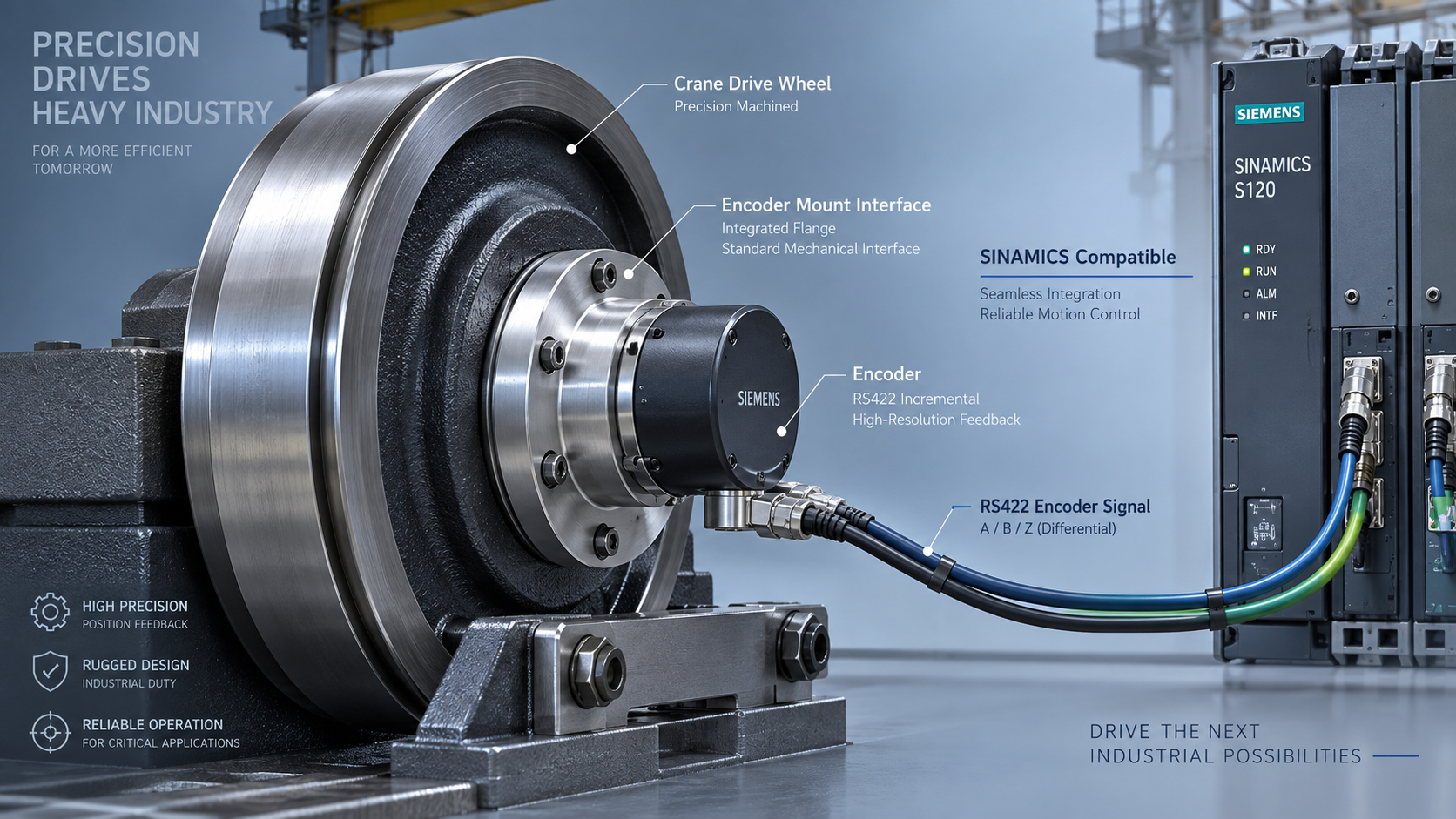 Ruedas motrices para puente grúa con soportes integrados para encoder: consideraciones de compatibilidad con variadores Siemens SINAMICS