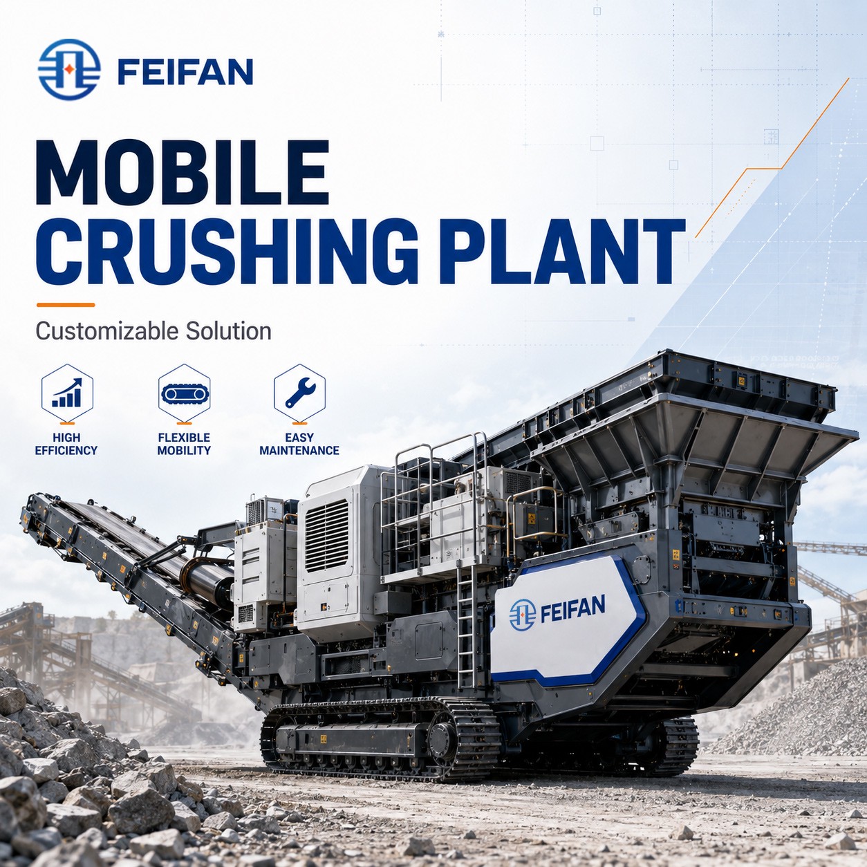 محطة تكسير الأحجار FEIFAN OEM عالية السعة لإنتاج الركام في المحاجر، لمحطة التكسير المتنقلة الزاحفة لإنتاج مواد التعدين