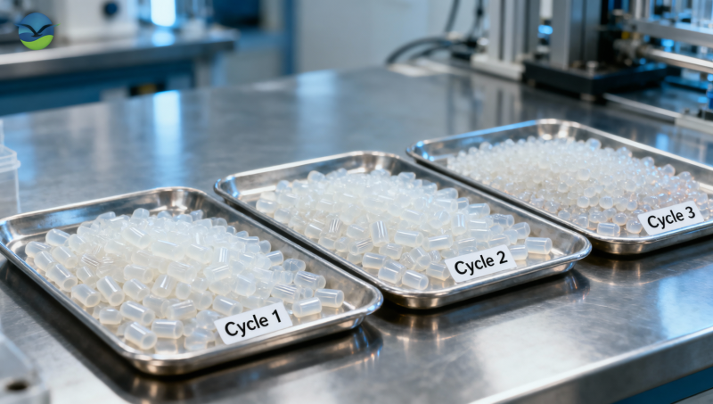 What happens to granule pp mechanical properties after three thermal cycles in compounding? What happens to granule pp mechanical properties after three thermal cycles in compounding?