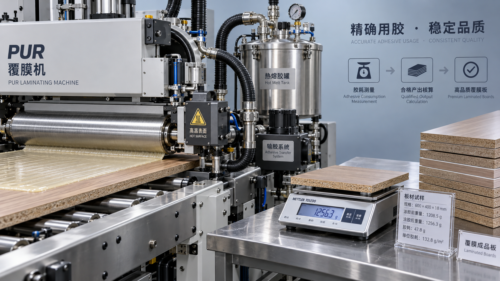 How to estimate adhesive cost per panel on a PUR laminating machine