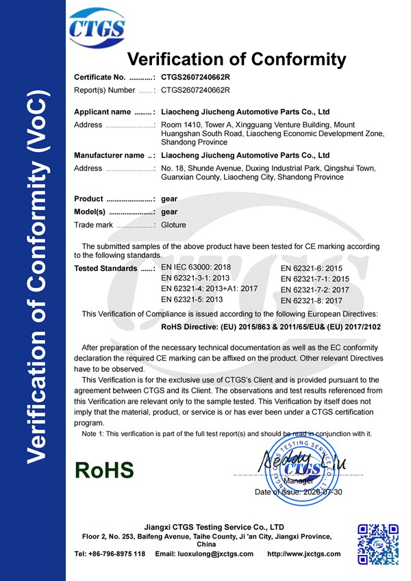 Certificado 600 1 CTGS2607240662R gearCE-ROHS cert_01_Copia Liaocheng Jiucheng Automotive Parts Co., Ltd obtuvo las certificaciones ROHS y CE