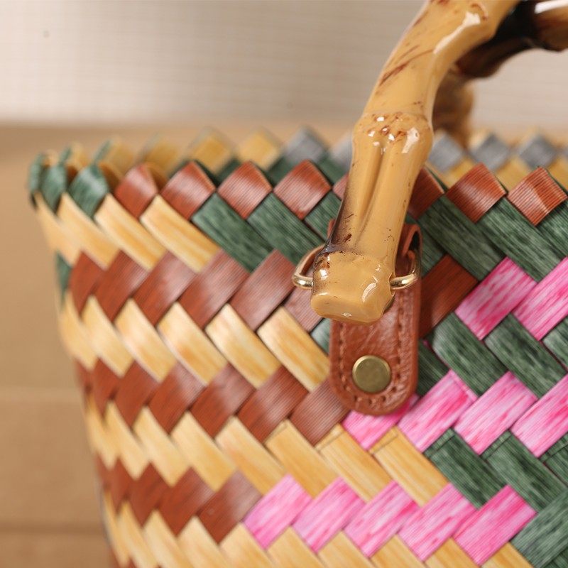Large-capacity imitation rattan woven bag, hand-woven rattan handle, bamboo woven picnic bag, women's bag, souvenir basket bag