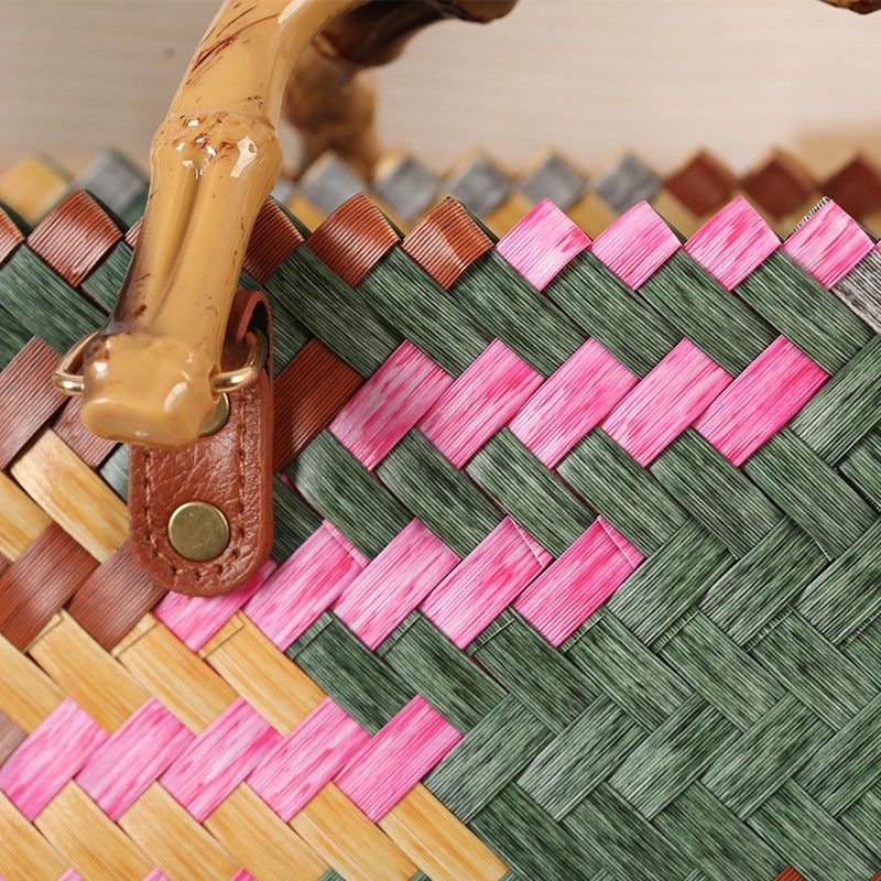 Large-capacity imitation rattan woven bag, hand-woven rattan handle, bamboo woven picnic bag, women's bag, souvenir basket bag