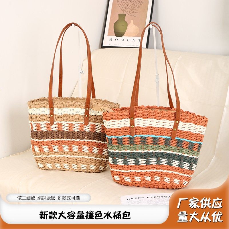 New large-capacity color-blocked bucket bag