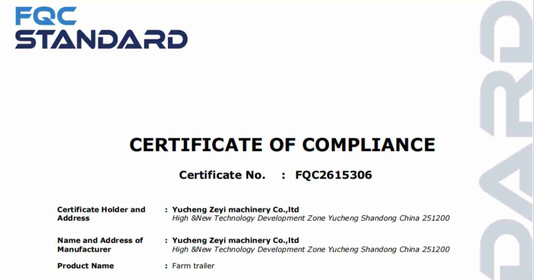 Yucheng Zeyi Machinery Co., Ltd. has obtained the Certificate of Compliance.